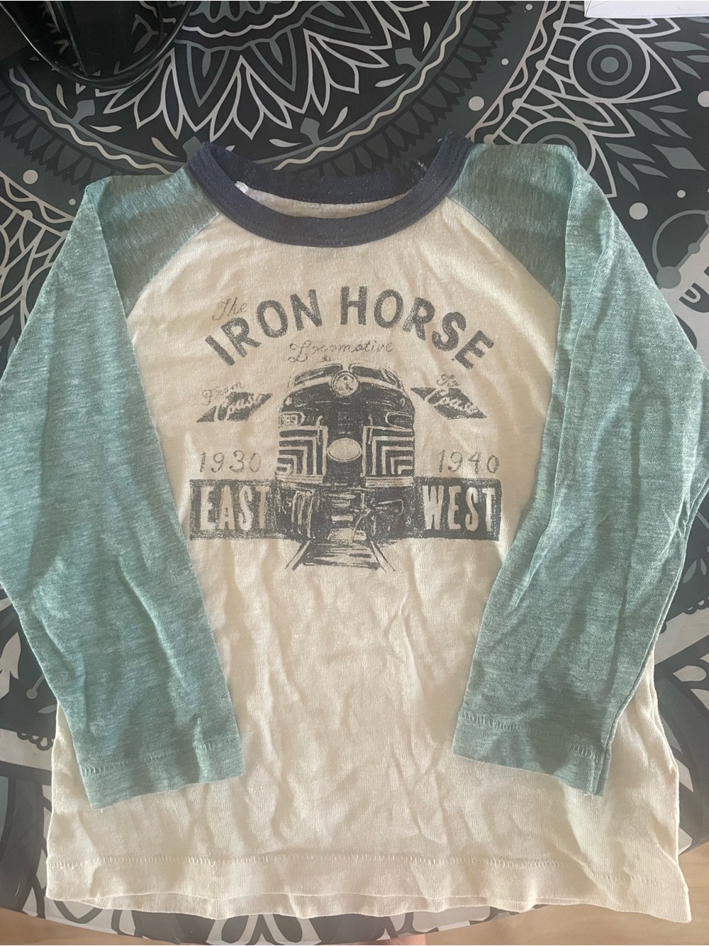GAP Cream Raglan Tee with Green Sleeves and Train Graphic